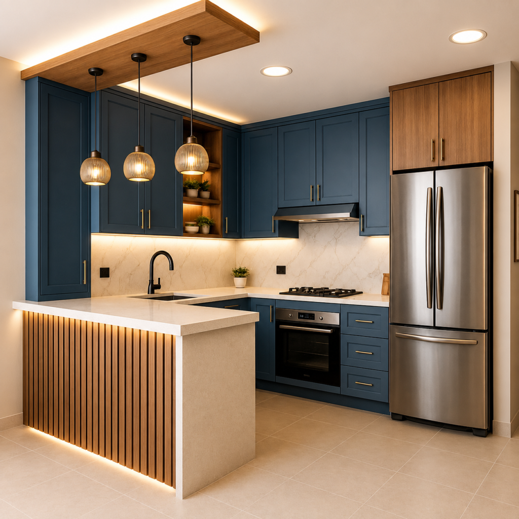 Blue Peninsula Modular Kitchen Design with Breakfast Counter