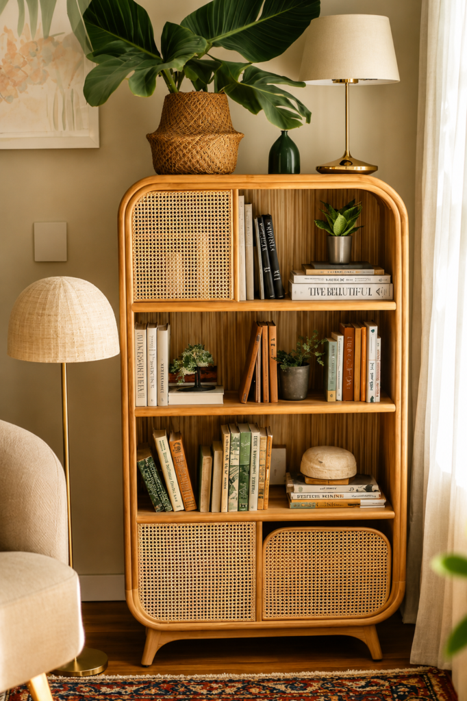 Modern wooden interior design with stylish wooden room divider