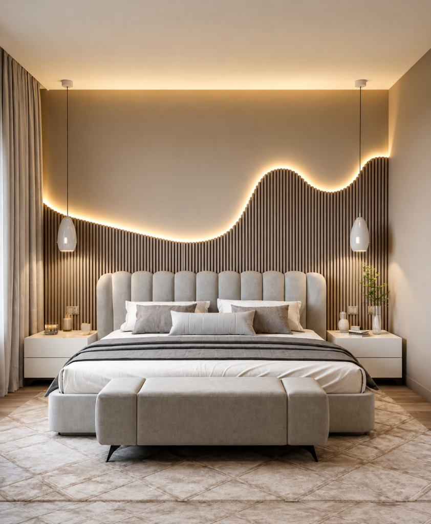 Modern minimalist bedroom interior design in Kerala with wooden wardrobe and neutral colours