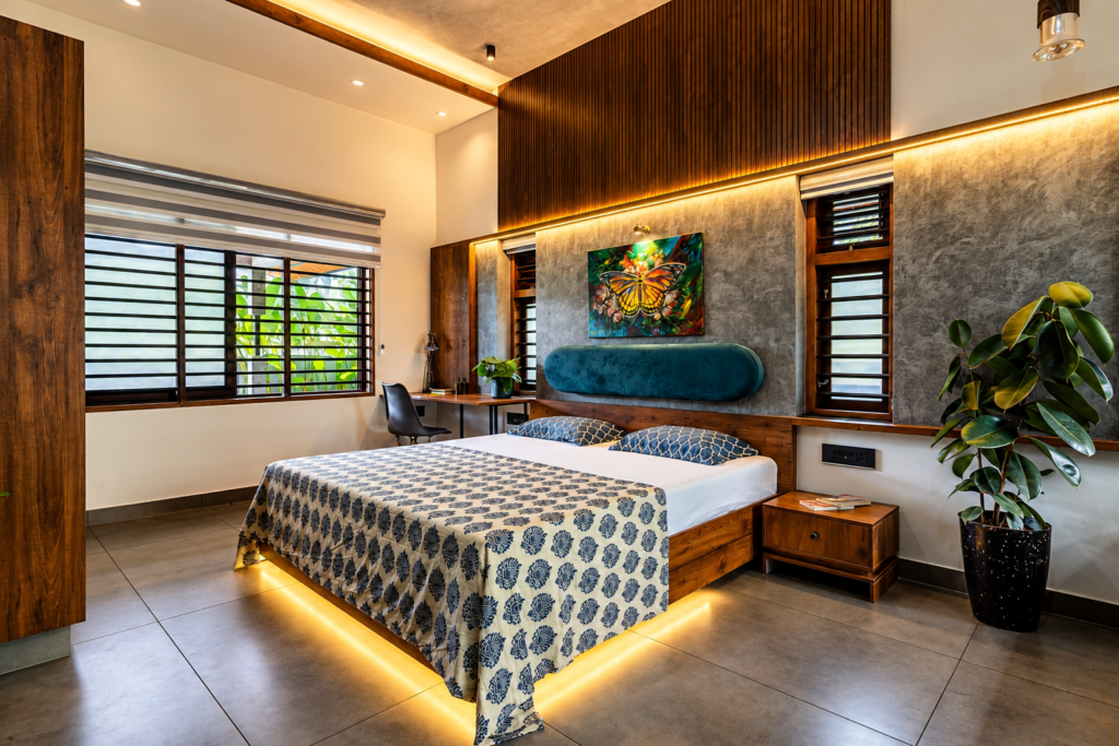 Wooden Bedroom Interior Design in Kerala with Modern Wardrobe