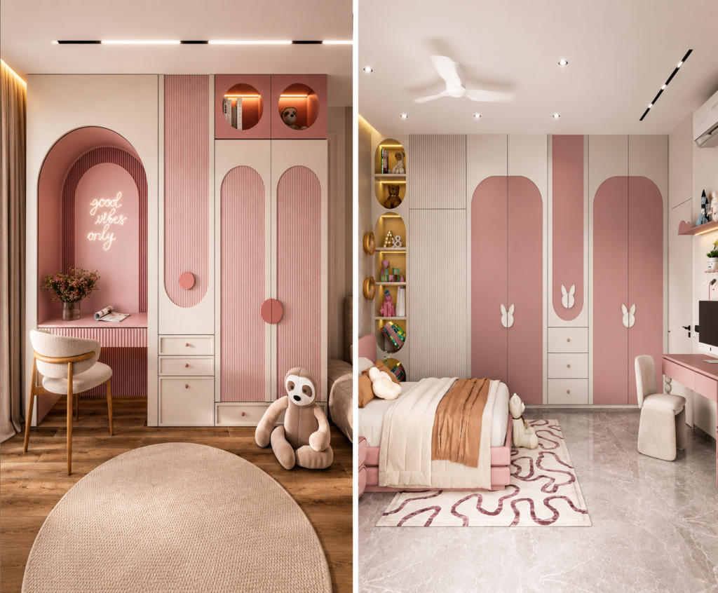 Kids Bedroom Interior Design in Kerala with Pink Wardrobe and Study Table